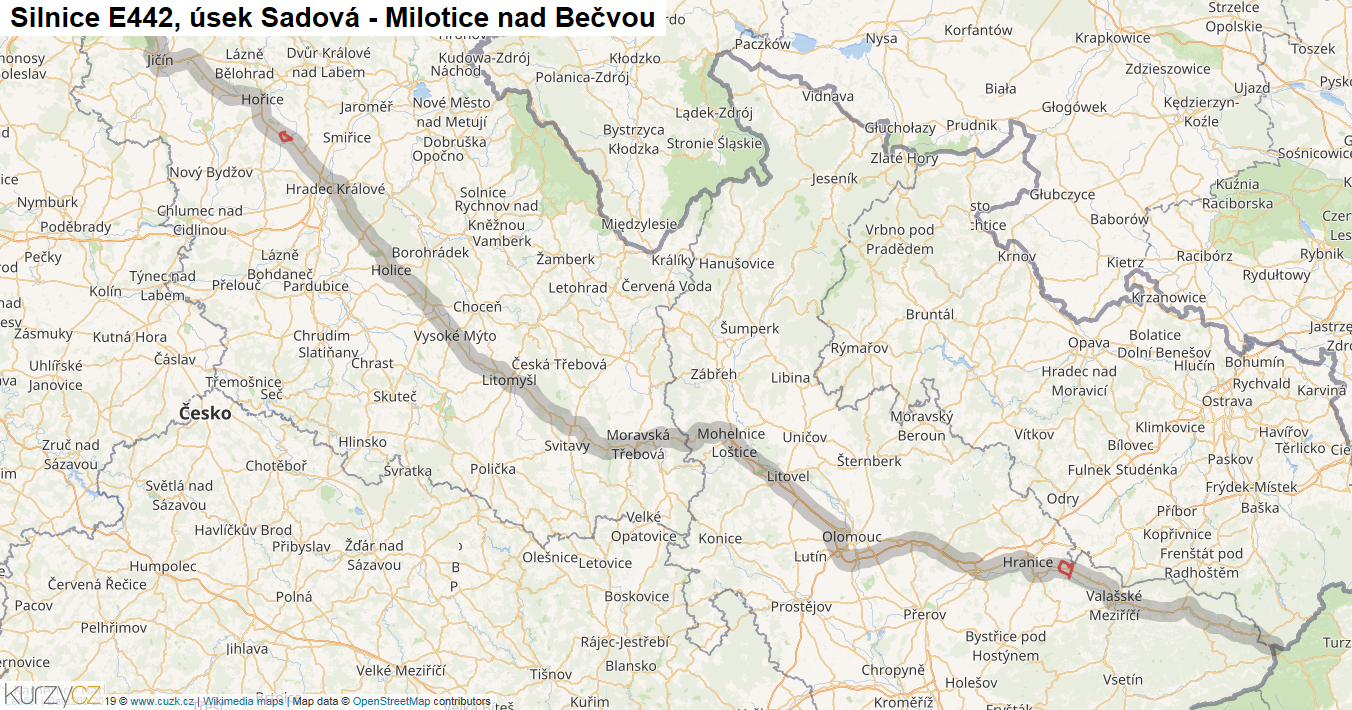 Úsek Sadová - Milotice nad Bečvou, Silnice E442 - Mapa