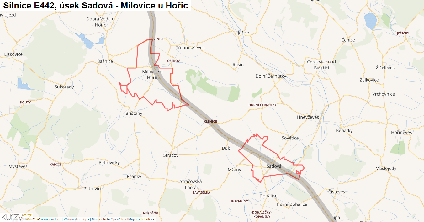 Úsek Sadová - Milovice u Hořic, Silnice E442 - Mapa