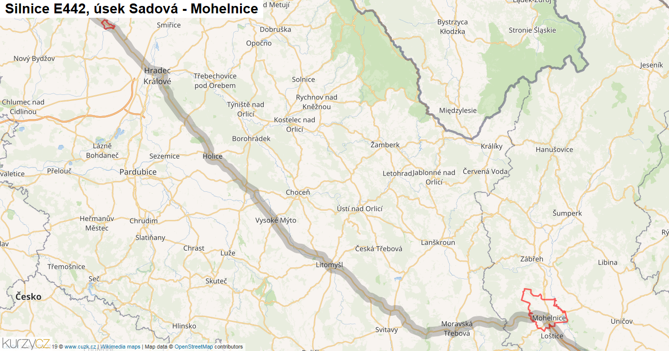 Úsek Sadová - Mohelnice, Silnice E442 - Mapa