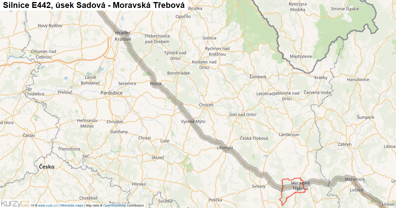 Úsek Sadová - Moravská Třebová, Silnice E442 - Mapa