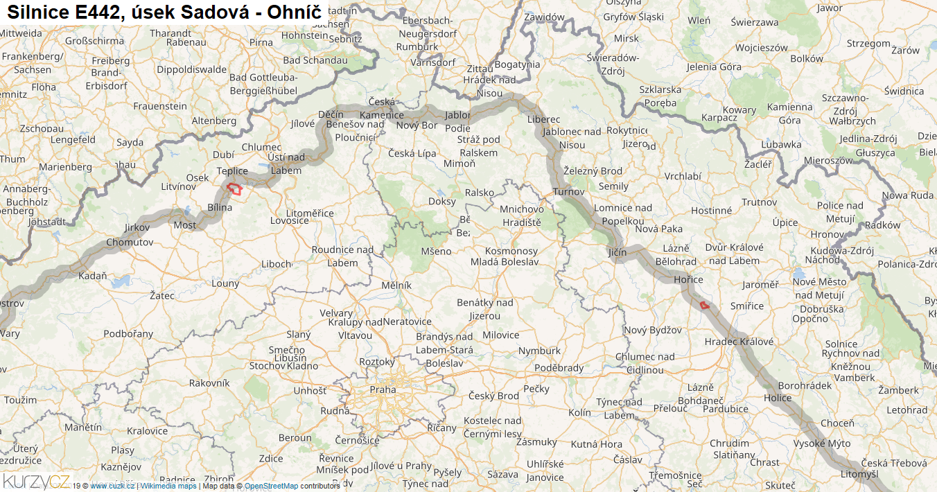 Úsek Sadová - Ohníč, Silnice E442 - Mapa
