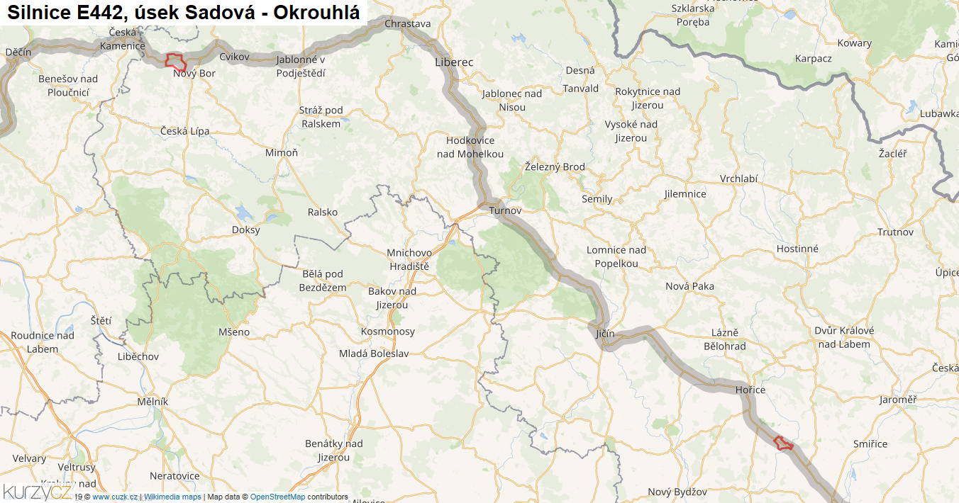 Úsek Sadová - Okrouhlá, Silnice E442 - Mapa