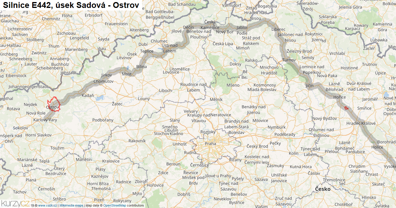 Úsek Sadová - Ostrov, Silnice E442 - Mapa