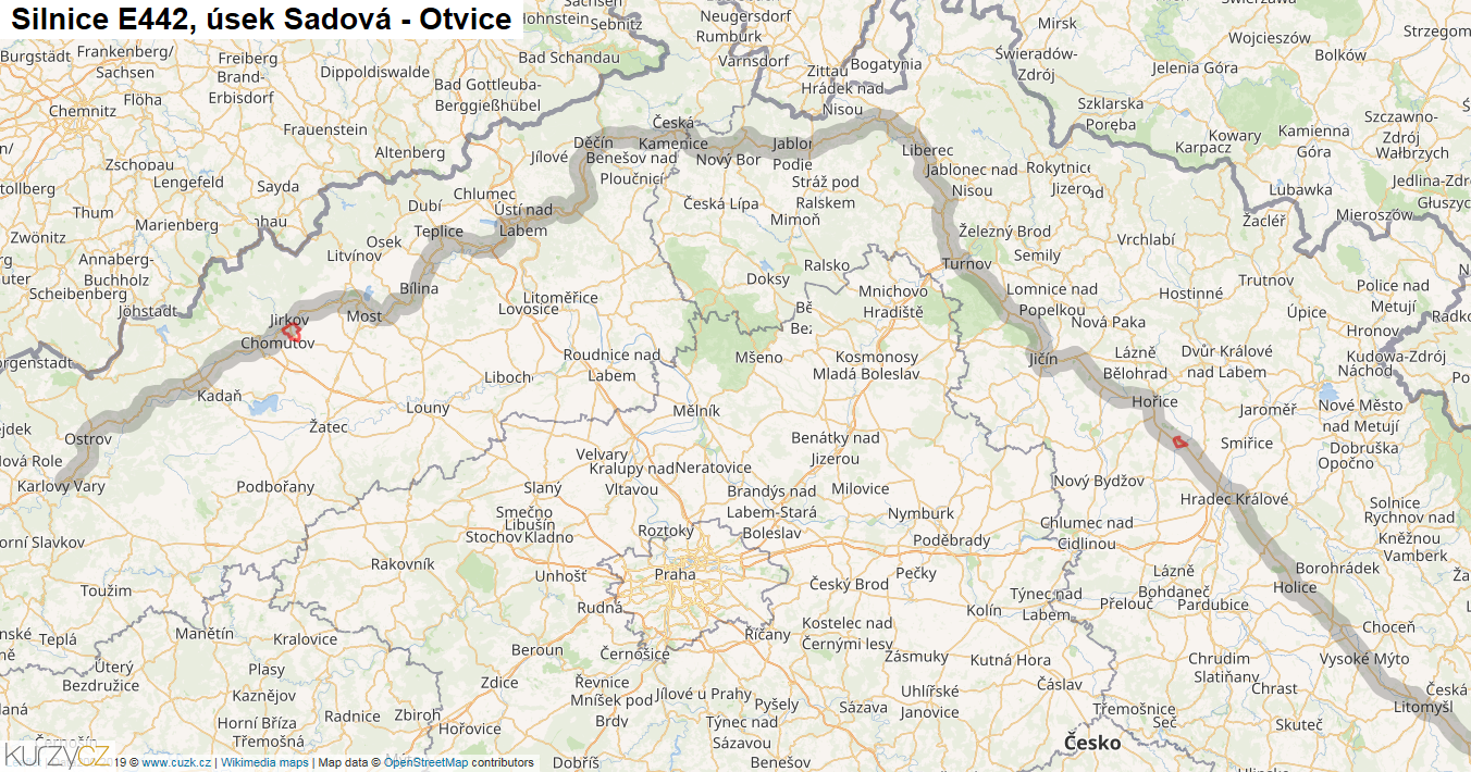 Úsek Sadová - Otvice, Silnice E442 - Mapa