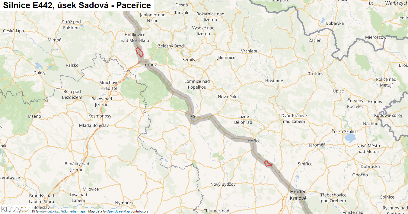 Úsek Sadová - Paceřice, Silnice E442 - Mapa