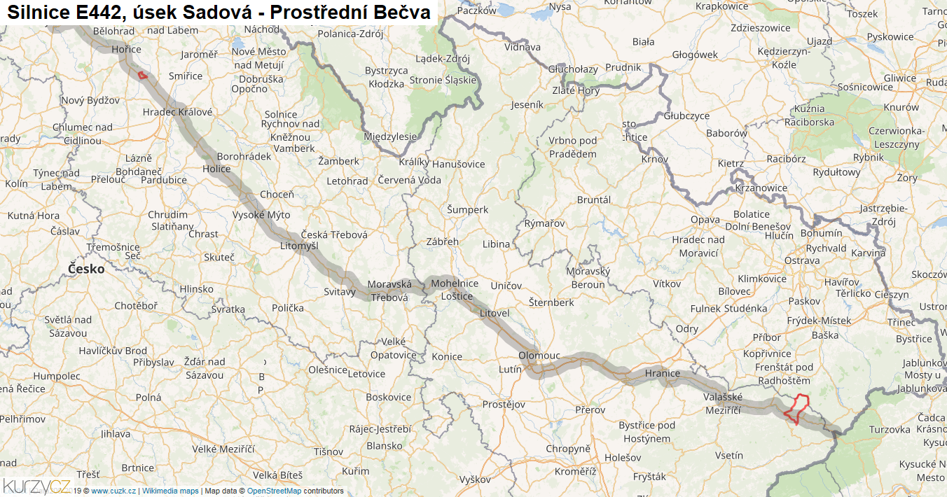 Úsek Sadová - Prostřední Bečva, Silnice E442 - Mapa