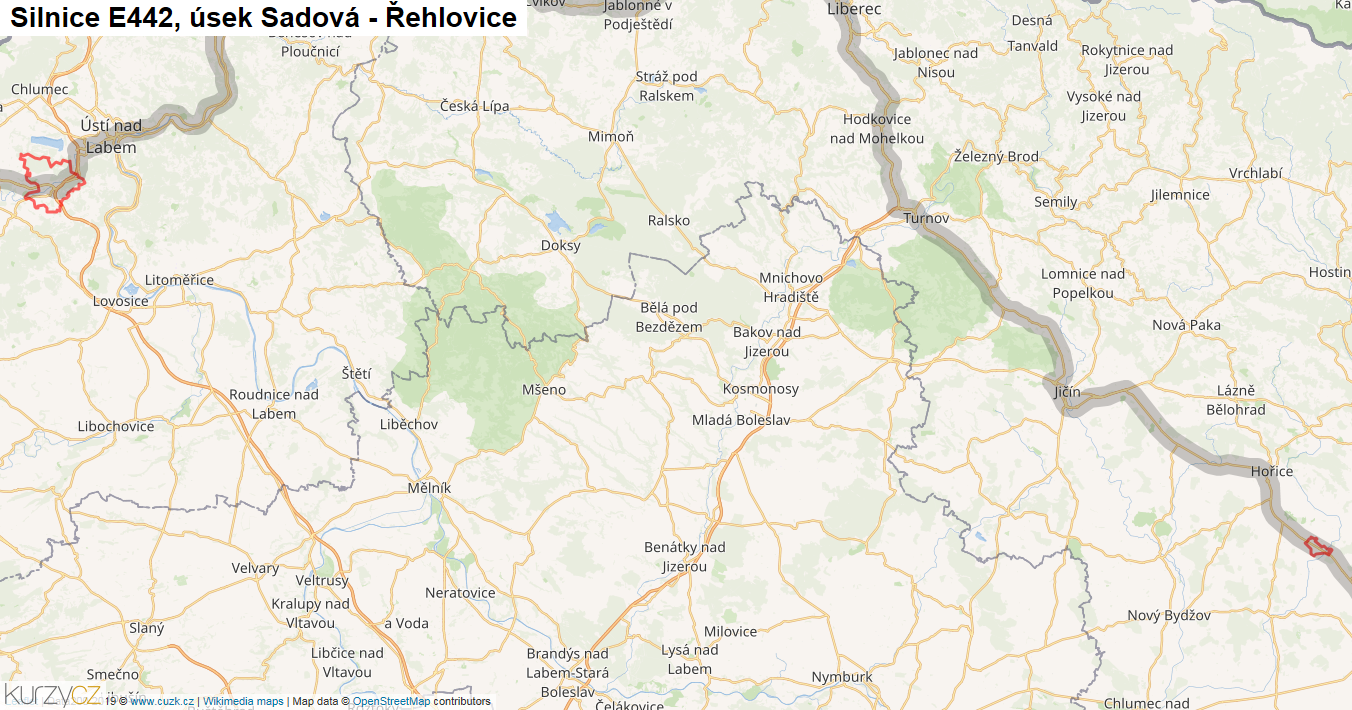 Úsek Sadová - Řehlovice, Silnice E442 - Mapa