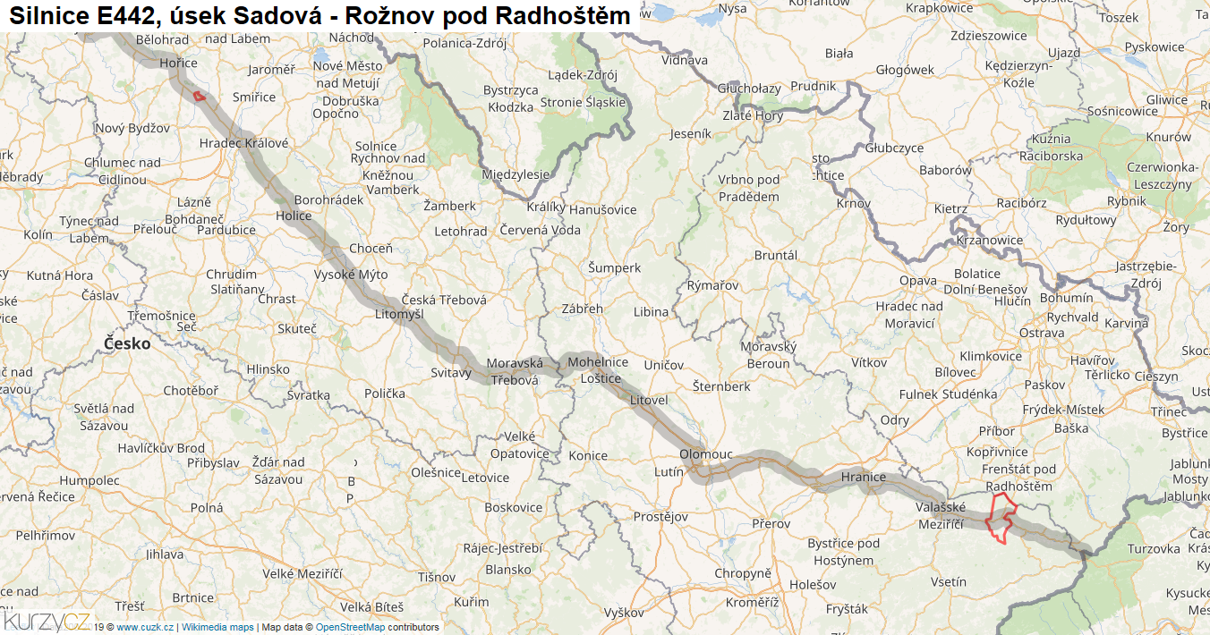 Úsek Sadová - Rožnov pod Radhoštěm, Silnice E442 - Mapa