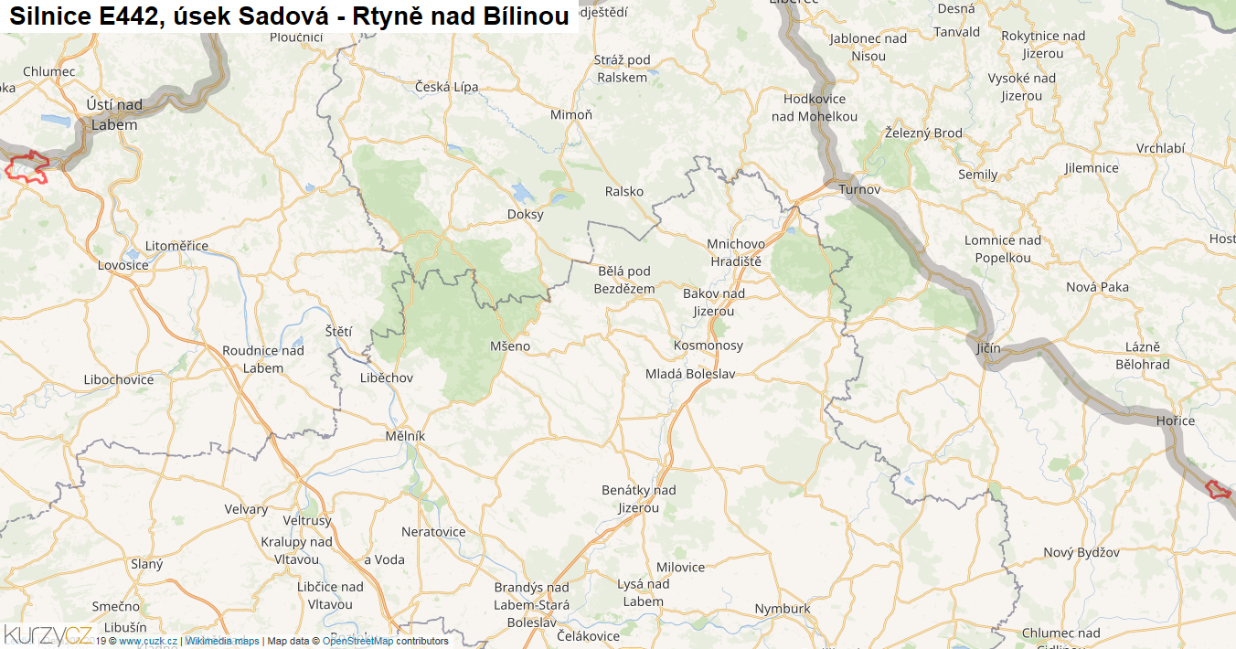Úsek Sadová - Rtyně nad Bílinou, Silnice E442 - Mapa