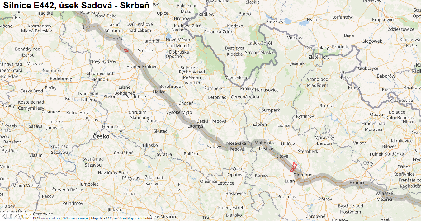 Úsek Sadová - Skrbeň, Silnice E442 - Mapa