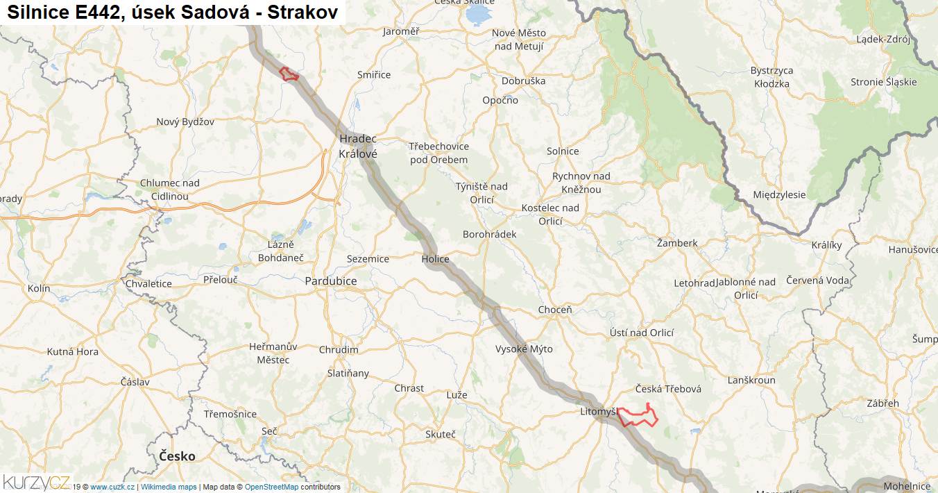 Úsek Sadová - Strakov, Silnice E442 - Mapa