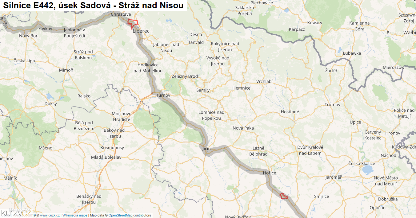 Úsek Sadová - Stráž nad Nisou, Silnice E442 - Mapa