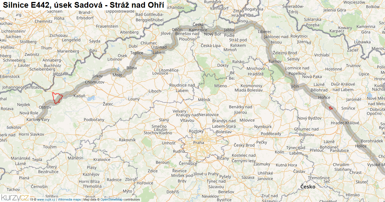 Úsek Sadová - Stráž nad Ohří, Silnice E442 - Mapa