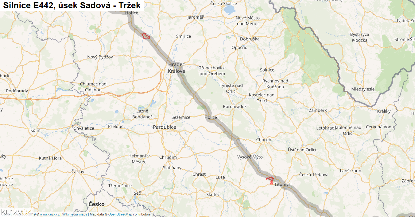 Úsek Sadová - Tržek, Silnice E442 - Mapa