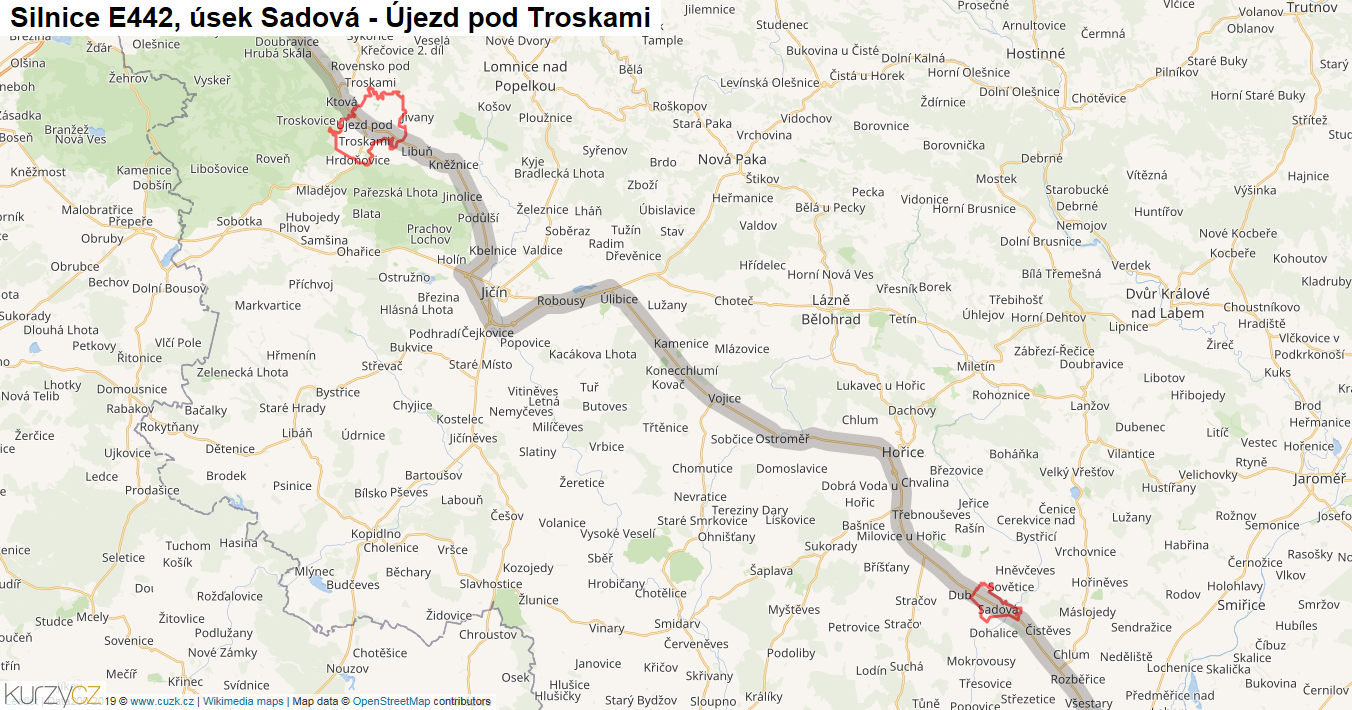 Úsek Sadová - Újezd pod Troskami, Silnice E442 - Mapa