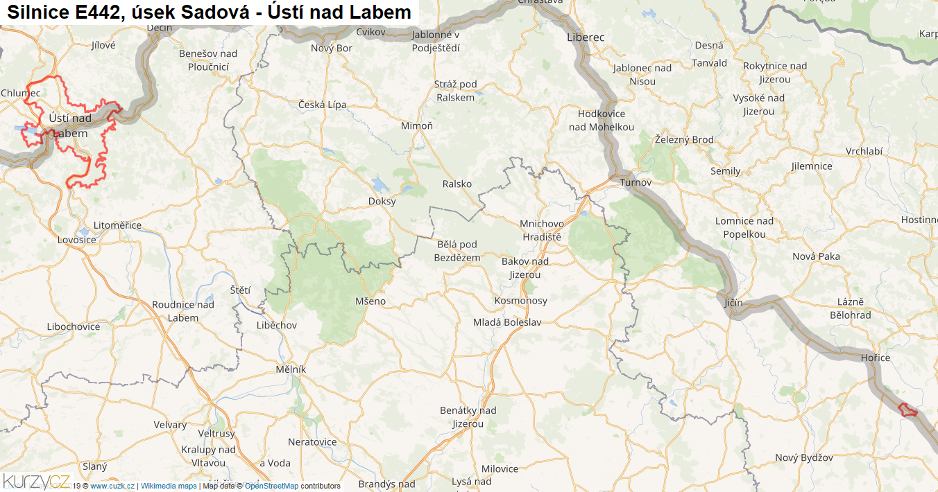 Úsek Sadová - Ústí nad Labem, Silnice E442 - Mapa