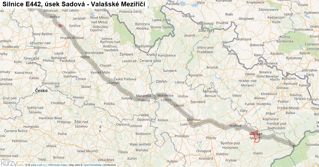Úsek Sadová - Valašské Meziříčí, Silnice E442 - Mapa