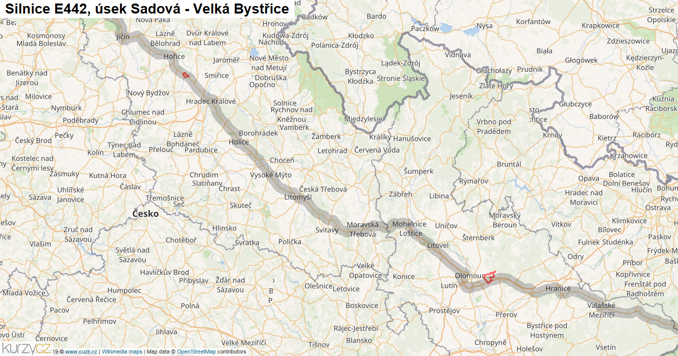 Úsek Sadová - Velká Bystřice, Silnice E442 - Mapa