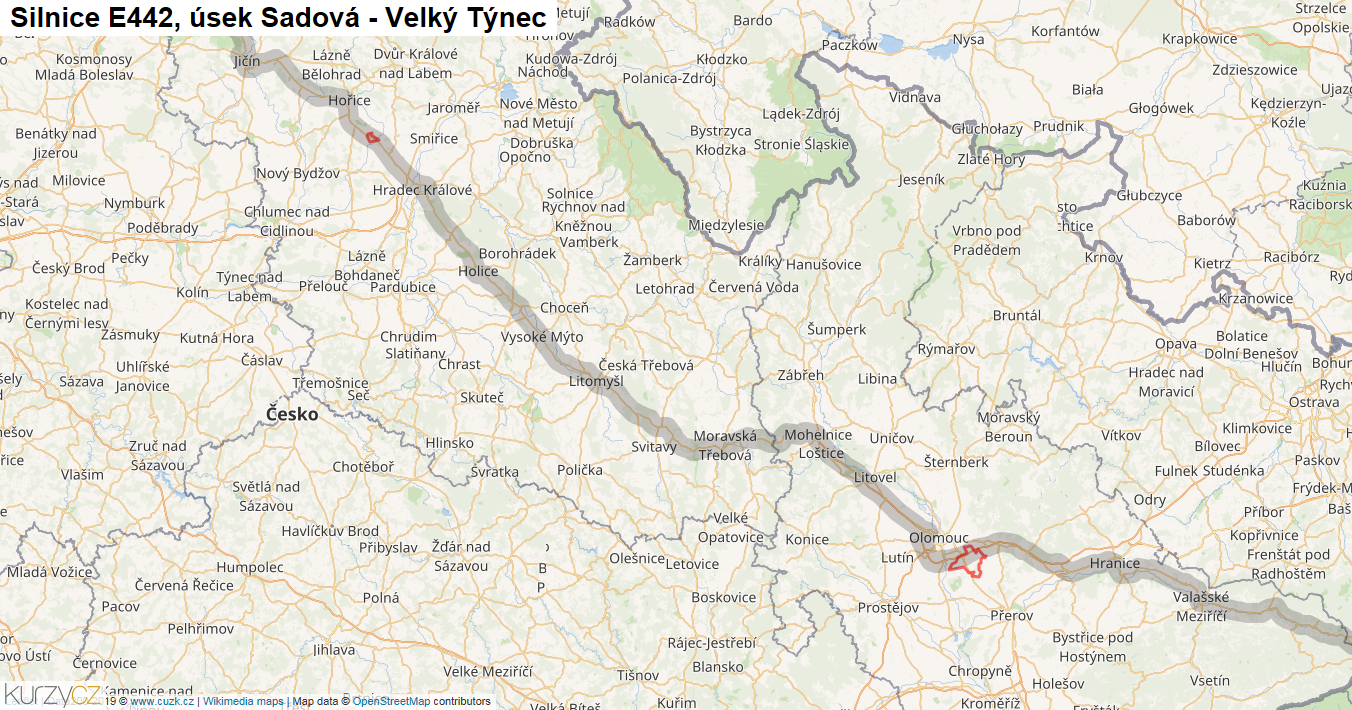 Úsek Sadová - Velký Týnec, Silnice E442 - Mapa