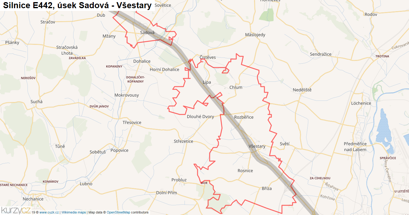 Úsek Sadová - Všestary, Silnice E442 - Mapa