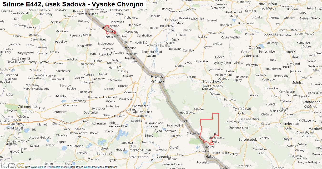 Úsek Sadová - Vysoké Chvojno, Silnice E442 - Mapa