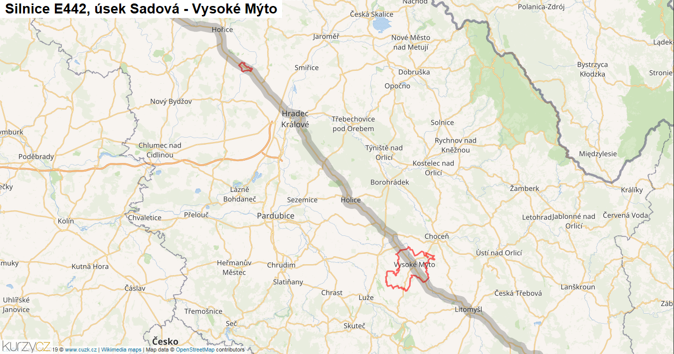 Úsek Sadová - Vysoké Mýto, Silnice E442 - Mapa