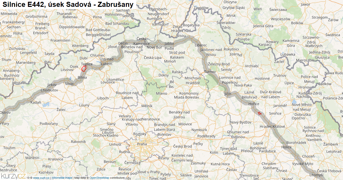 Úsek Sadová - Zabrušany, Silnice E442 - Mapa