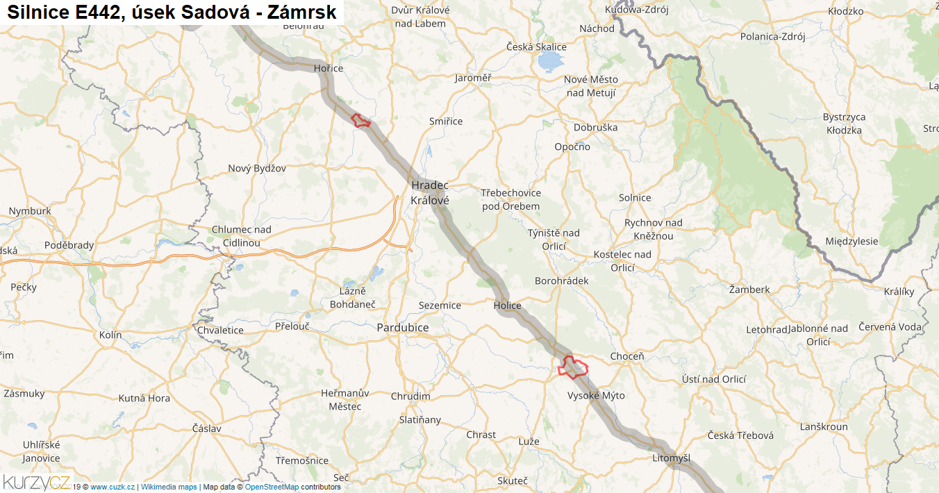 Úsek Sadová - Zámrsk, Silnice E442 - Mapa