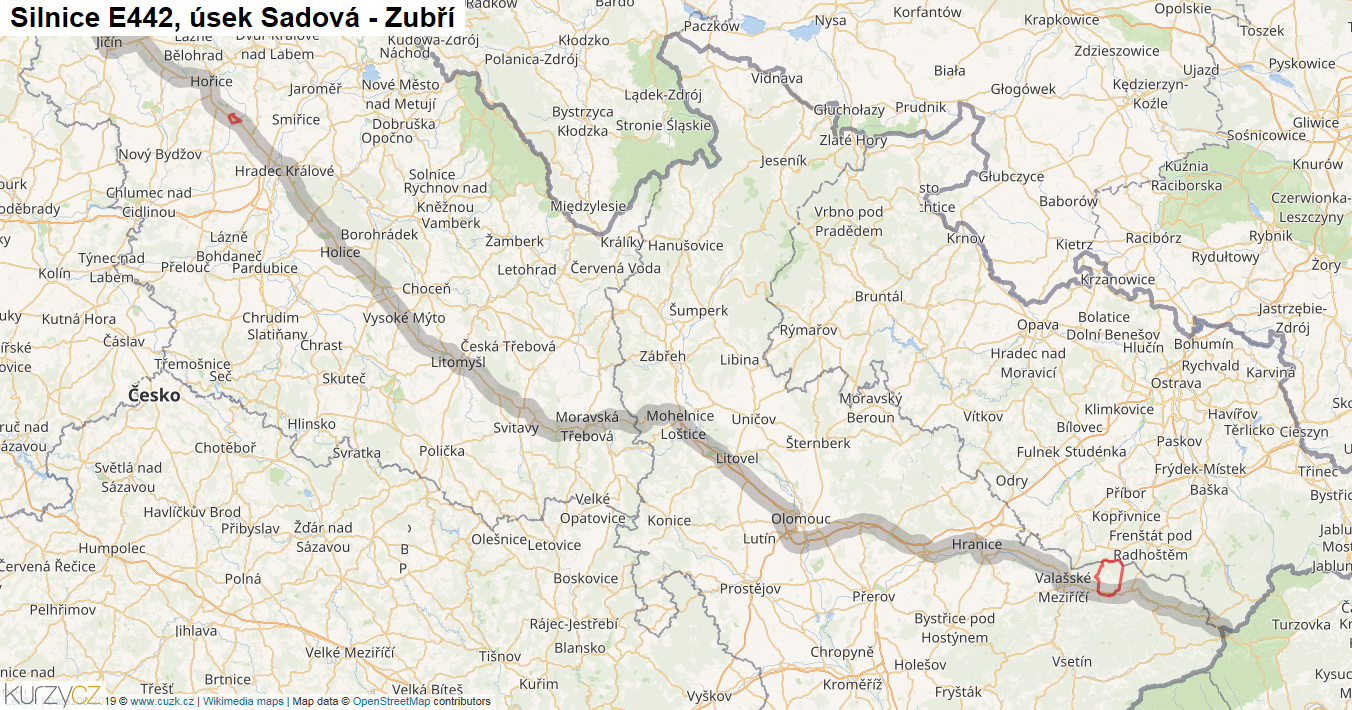 Úsek Sadová - Zubří, Silnice E442 - Mapa