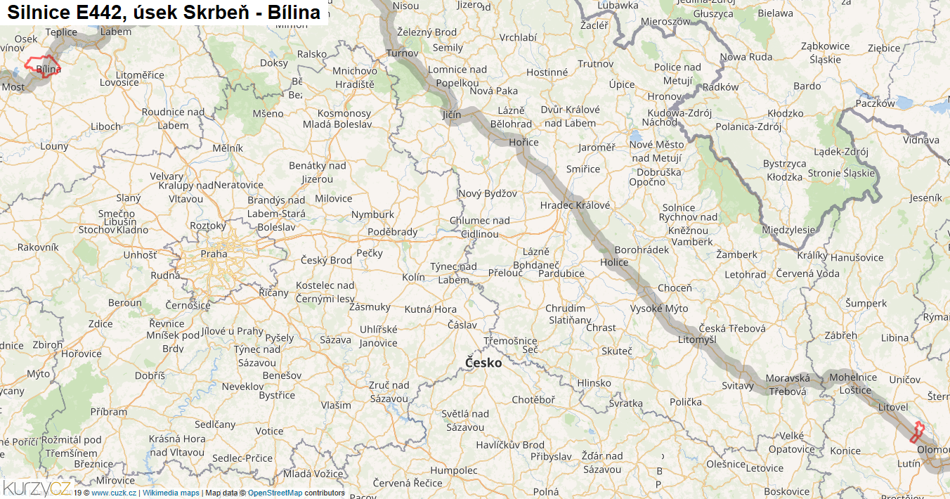 Úsek Skrbeň - Bílina, Silnice E442 - Mapa