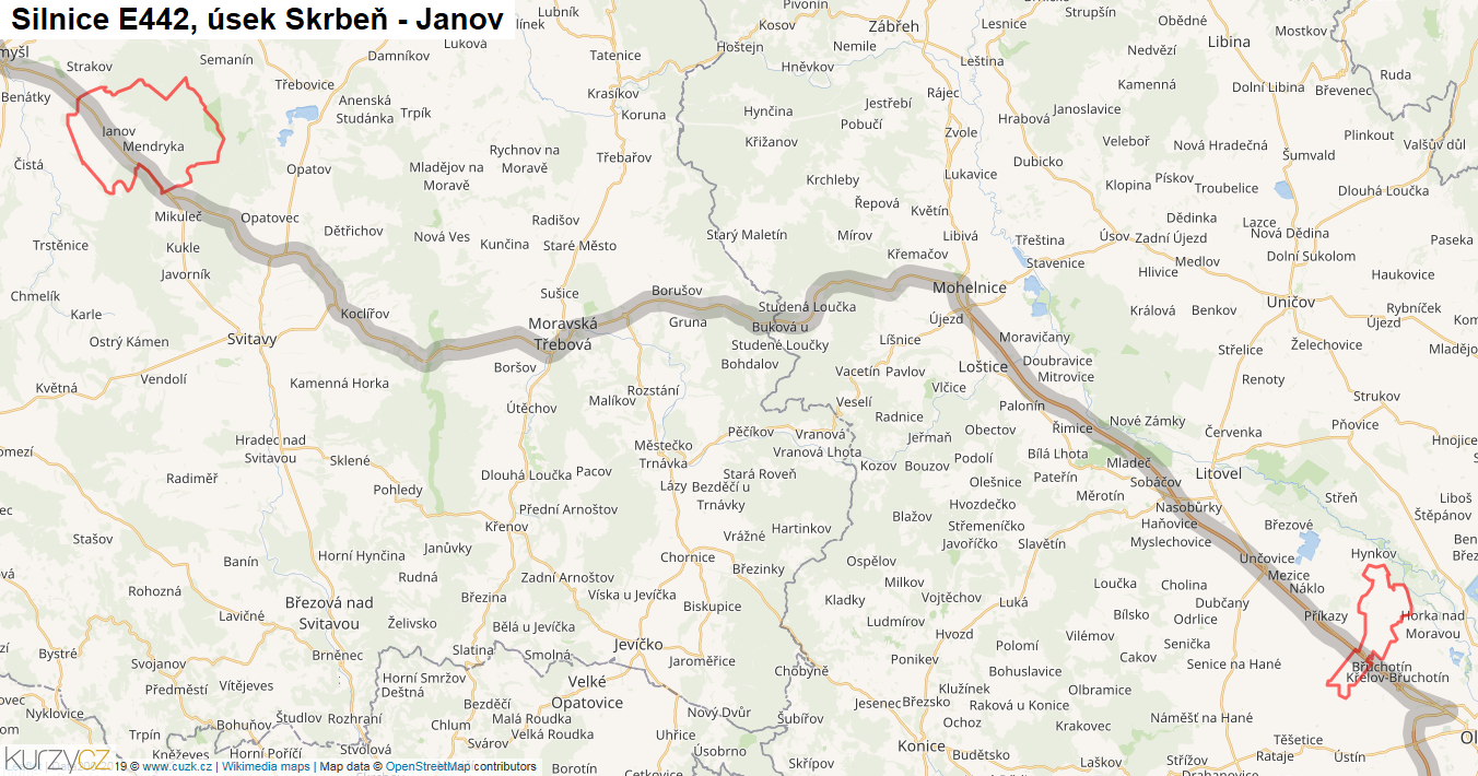 Úsek Skrbeň - Janov, Silnice E442 - Mapa