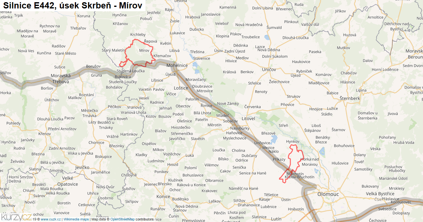 Úsek Skrbeň - Mírov, Silnice E442 - Mapa