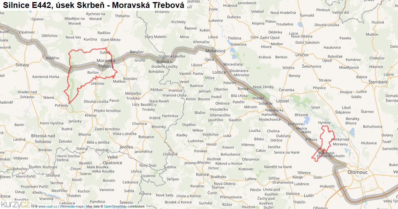 Úsek Skrbeň - Moravská Třebová, Silnice E442 - Mapa