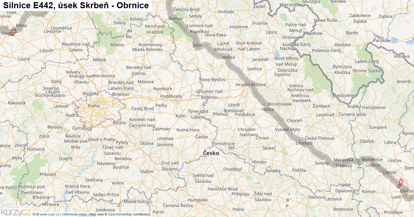 Úsek Skrbeň - Obrnice, Silnice E442 - Mapa