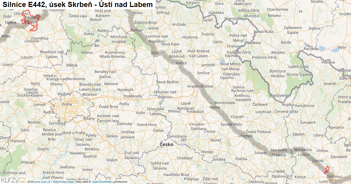 Úsek Skrbeň - Ústí nad Labem, Silnice E442 - Mapa