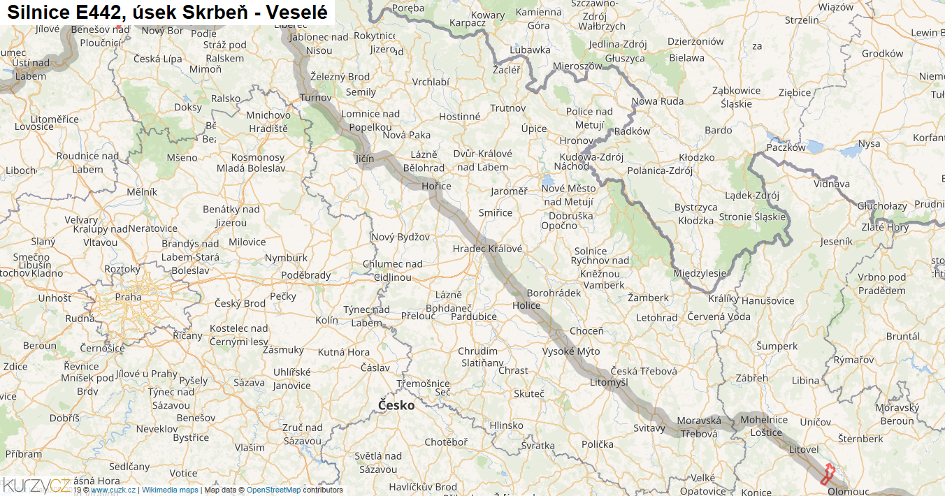 Úsek Skrbeň - Veselé, Silnice E442 - Mapa