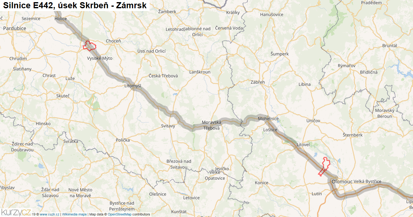 Úsek Skrbeň - Zámrsk, Silnice E442 - Mapa