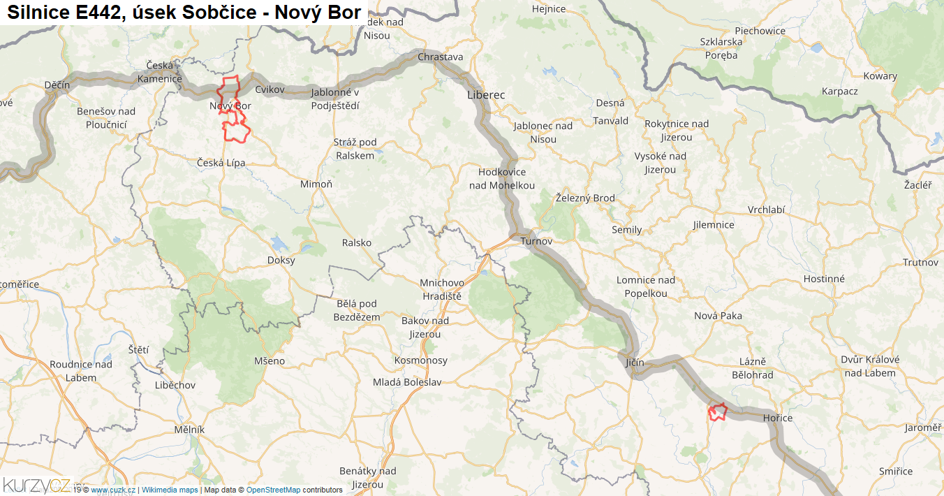Úsek Sobčice - Nový Bor, Silnice E442 - Mapa