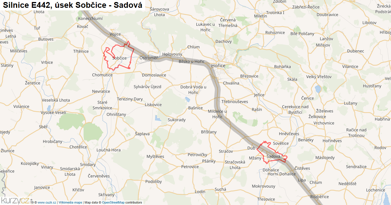 Úsek Sobčice - Sadová, Silnice E442 - Mapa
