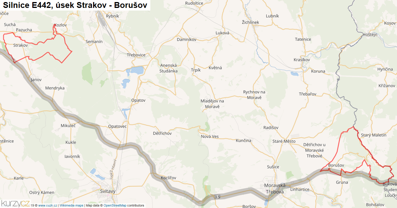 Úsek Strakov - Borušov, Silnice E442 - Mapa