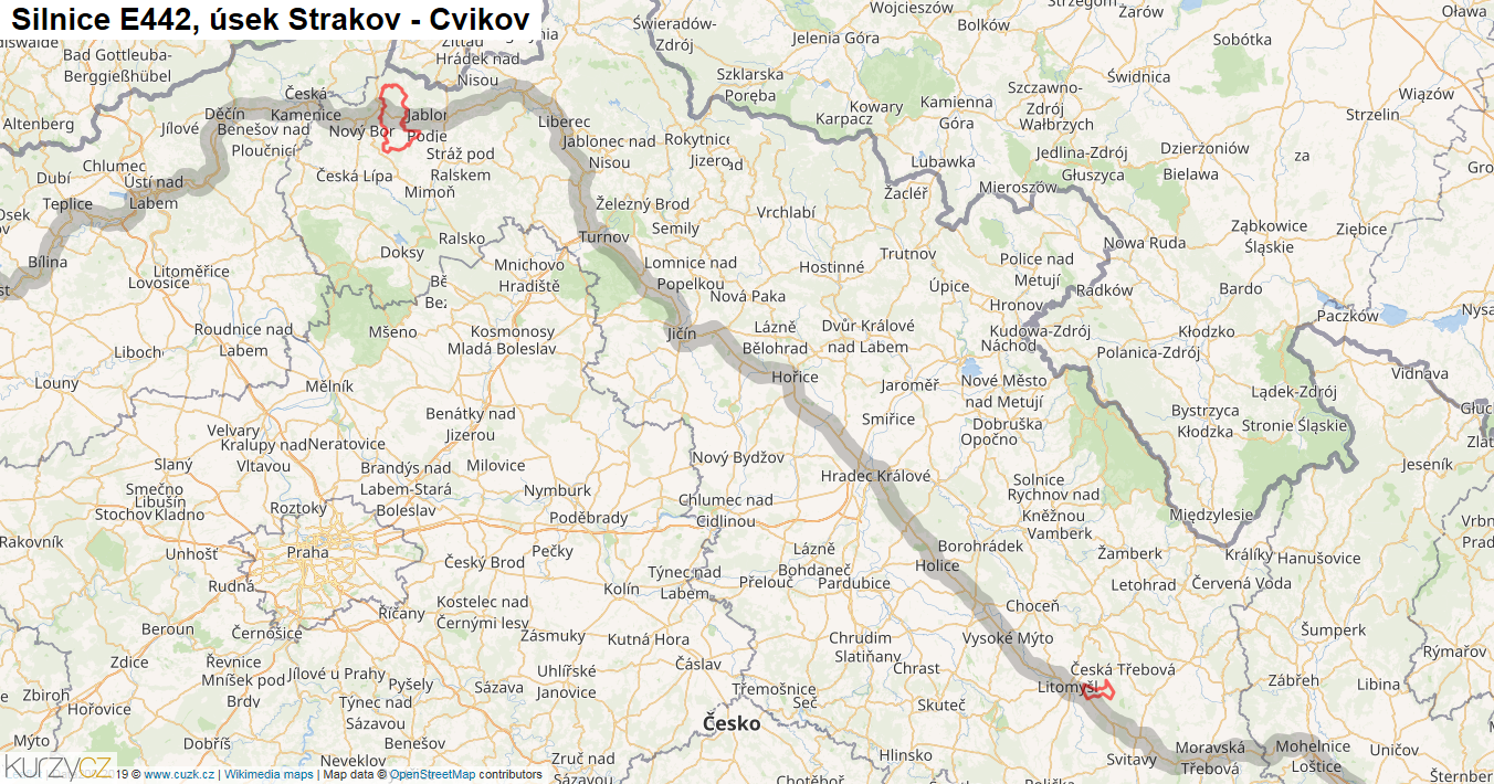 Úsek Strakov - Cvikov, Silnice E442 - Mapa