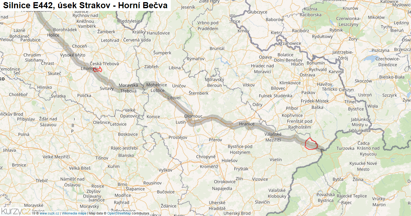 Úsek Strakov - Horní Bečva, Silnice E442 - Mapa