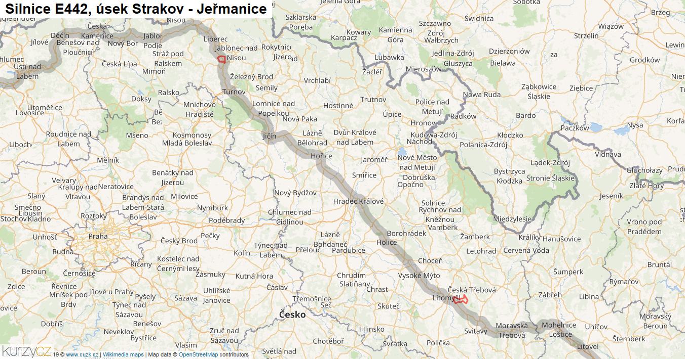 Úsek Strakov - Jeřmanice, Silnice E442 - Mapa