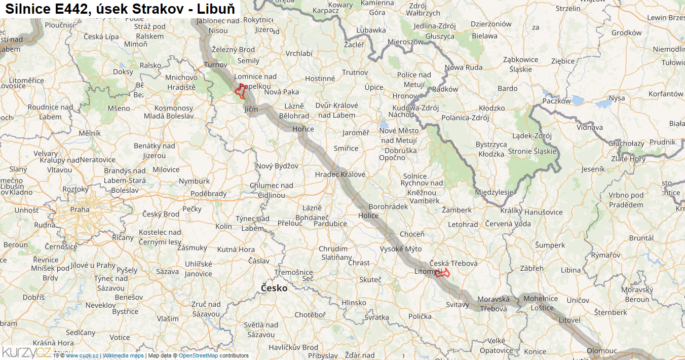 Úsek Strakov - Libuň, Silnice E442 - Mapa