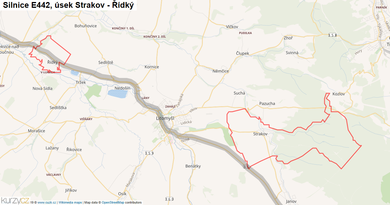 Úsek Strakov - Řídký, Silnice E442 - Mapa