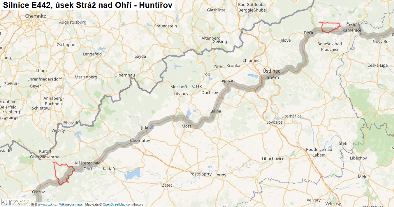 Úsek Stráž nad Ohří - Huntířov, Silnice E442 - Mapa