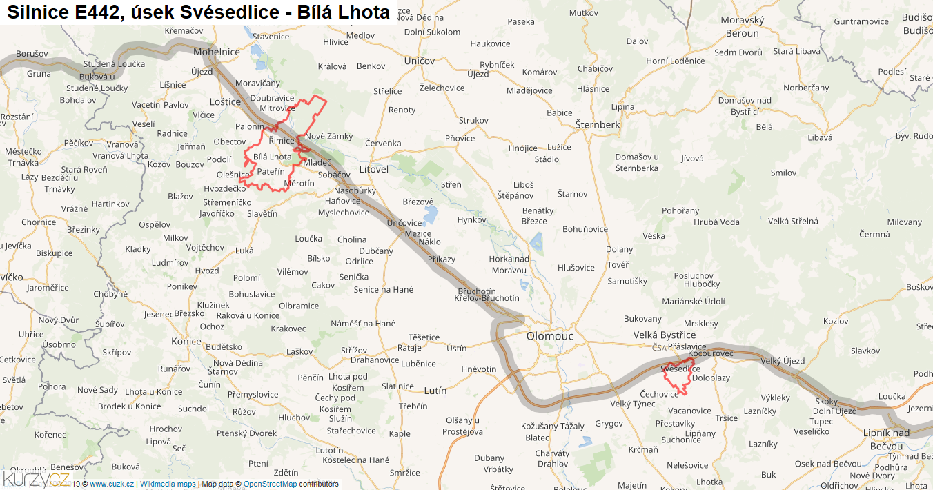 Úsek Svésedlice - Bílá Lhota, Silnice E442 - Mapa