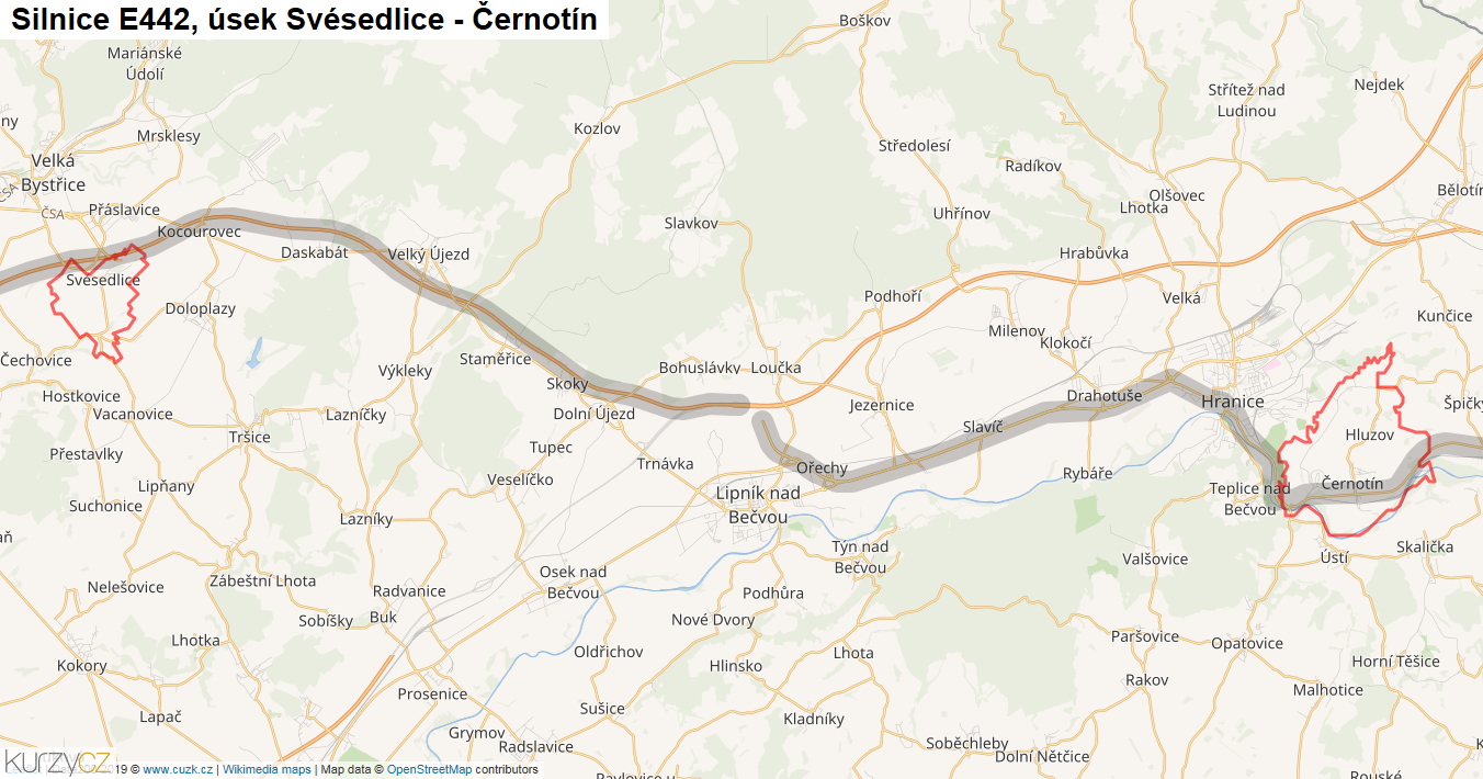 Úsek Svésedlice - Černotín, Silnice E442 - Mapa
