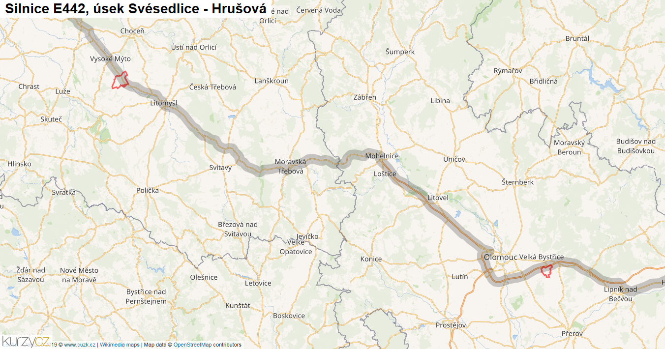 Úsek Svésedlice - Hrušová, Silnice E442 - Mapa