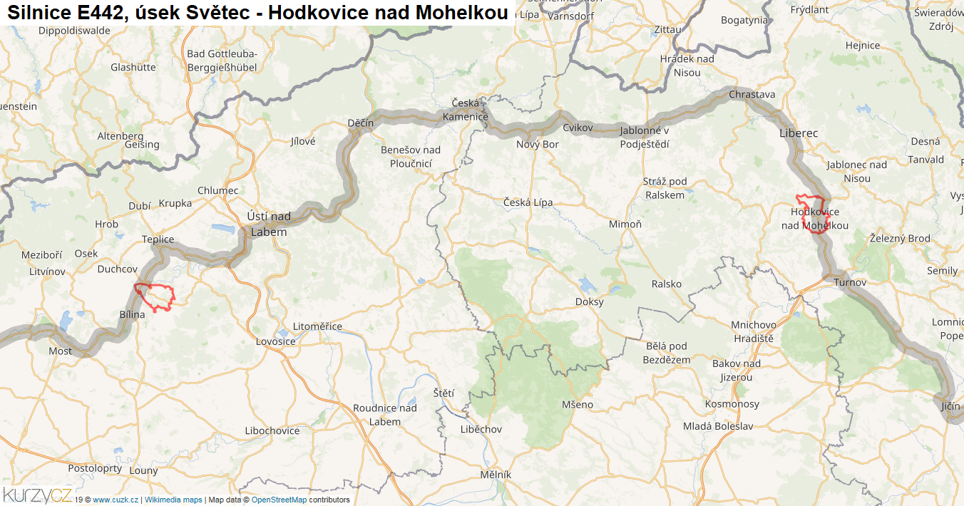 Úsek Světec - Hodkovice nad Mohelkou, Silnice E442 - Mapa